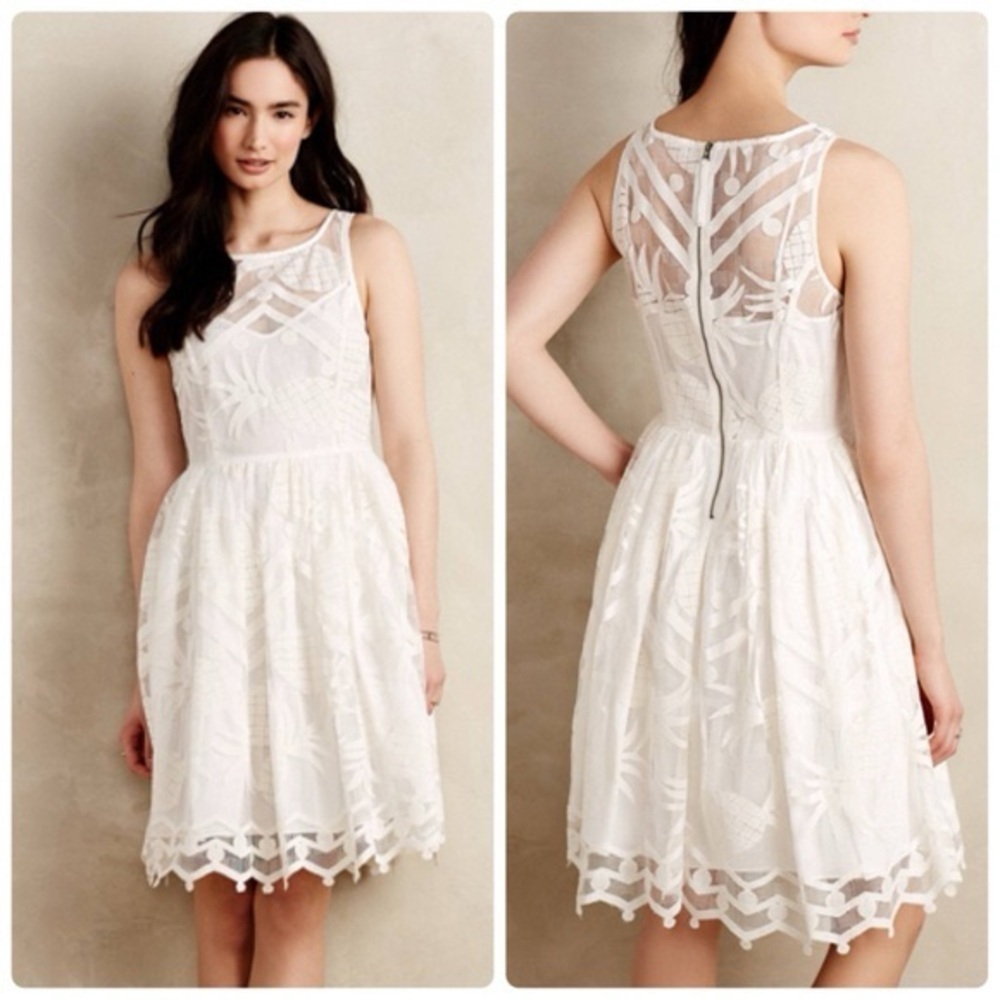 Anthropologie Pineapple Embroidered Mesh Dress White Ivory Sleeveless Boho sz 2